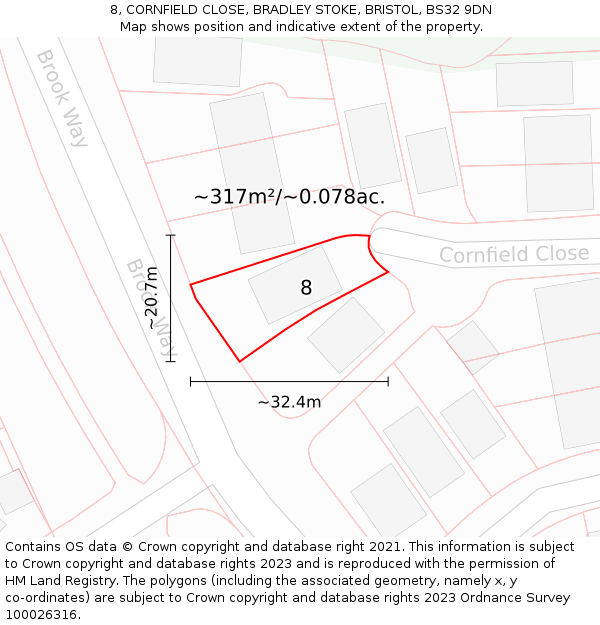 8, CORNFIELD CLOSE, BRADLEY STOKE, BRISTOL, BS32 9DN: Plot and title map