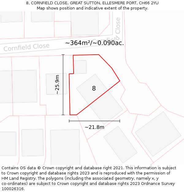 8, CORNFIELD CLOSE, GREAT SUTTON, ELLESMERE PORT, CH66 2YU: Plot and title map