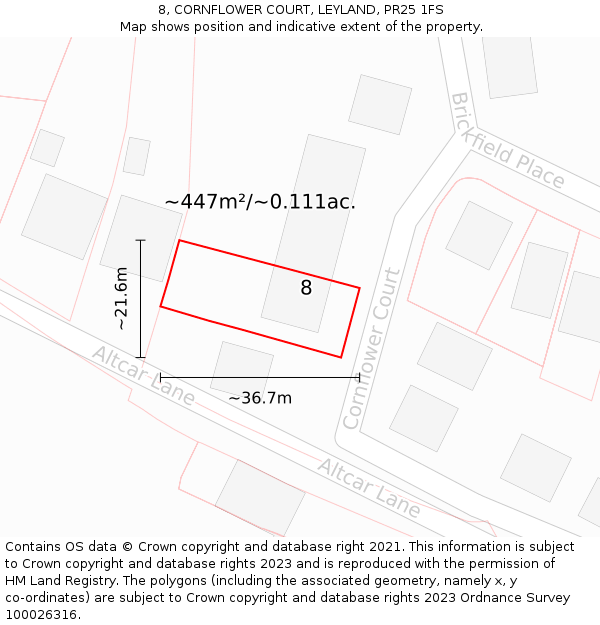 8, CORNFLOWER COURT, LEYLAND, PR25 1FS: Plot and title map