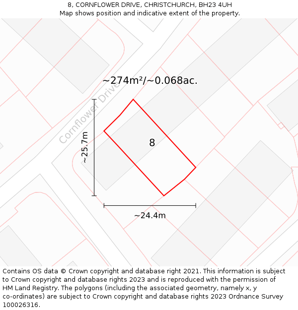 8, CORNFLOWER DRIVE, CHRISTCHURCH, BH23 4UH: Plot and title map