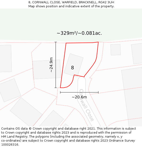 8, CORNWALL CLOSE, WARFIELD, BRACKNELL, RG42 3UH: Plot and title map