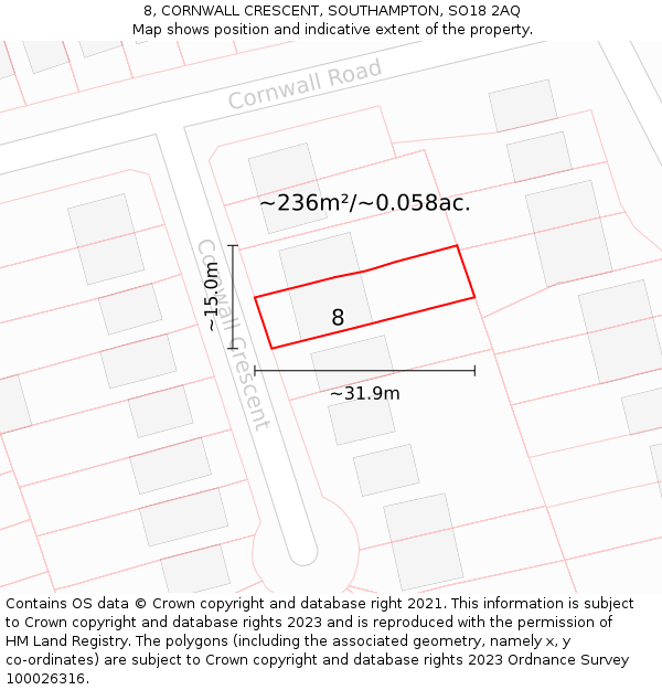 8, CORNWALL CRESCENT, SOUTHAMPTON, SO18 2AQ: Plot and title map