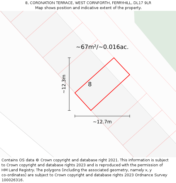8, CORONATION TERRACE, WEST CORNFORTH, FERRYHILL, DL17 9LR: Plot and title map