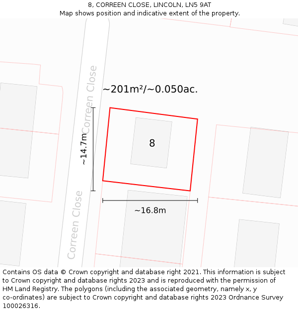 8, CORREEN CLOSE, LINCOLN, LN5 9AT: Plot and title map