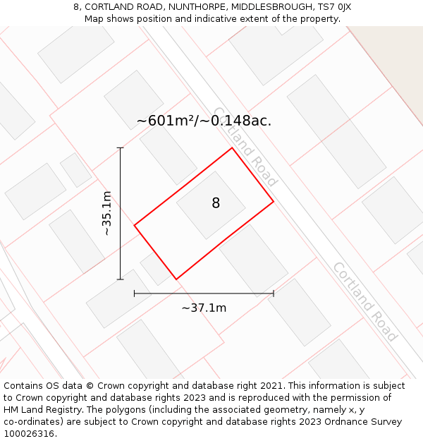8, CORTLAND ROAD, NUNTHORPE, MIDDLESBROUGH, TS7 0JX: Plot and title map