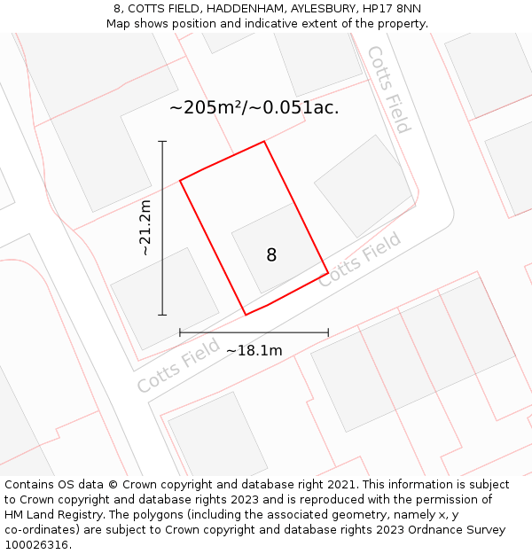 8, COTTS FIELD, HADDENHAM, AYLESBURY, HP17 8NN: Plot and title map
