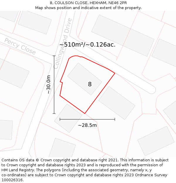 8, COULSON CLOSE, HEXHAM, NE46 2PR: Plot and title map
