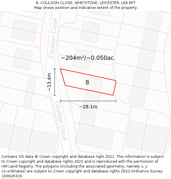 8, COULSON CLOSE, WHETSTONE, LEICESTER, LE8 6PT: Plot and title map