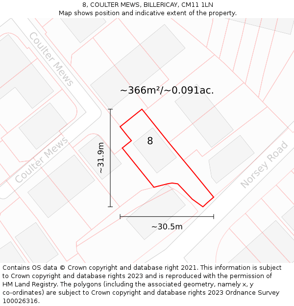 8, COULTER MEWS, BILLERICAY, CM11 1LN: Plot and title map