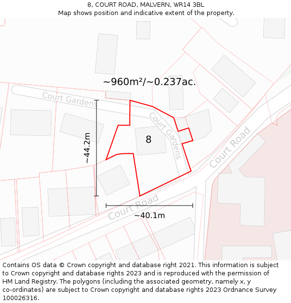 8, COURT ROAD, MALVERN, WR14 3BL: Plot and title map