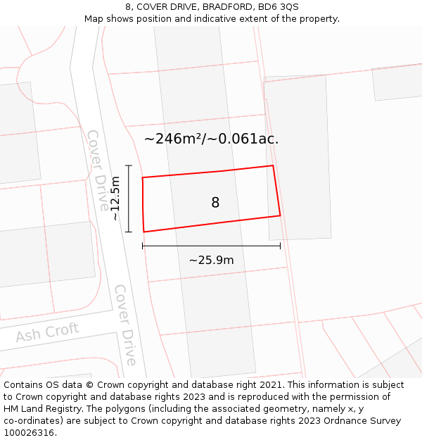 8, COVER DRIVE, BRADFORD, BD6 3QS: Plot and title map