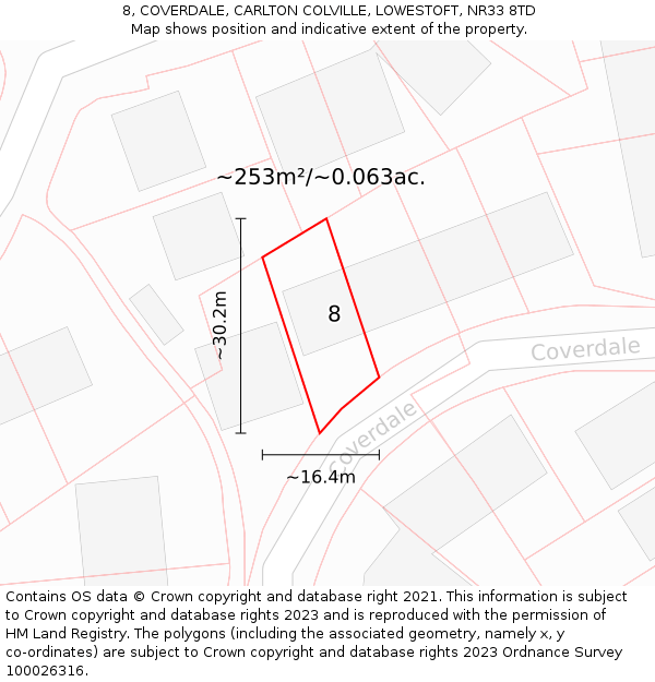 8, COVERDALE, CARLTON COLVILLE, LOWESTOFT, NR33 8TD: Plot and title map