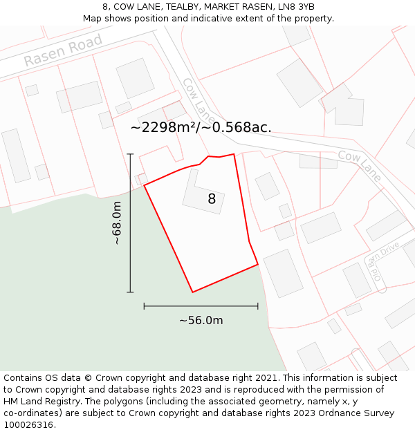 8, COW LANE, TEALBY, MARKET RASEN, LN8 3YB: Plot and title map