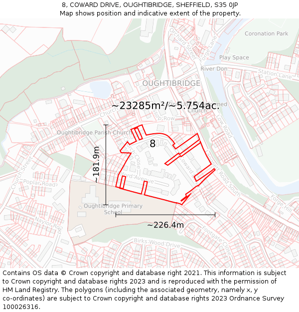 8, COWARD DRIVE, OUGHTIBRIDGE, SHEFFIELD, S35 0JP: Plot and title map