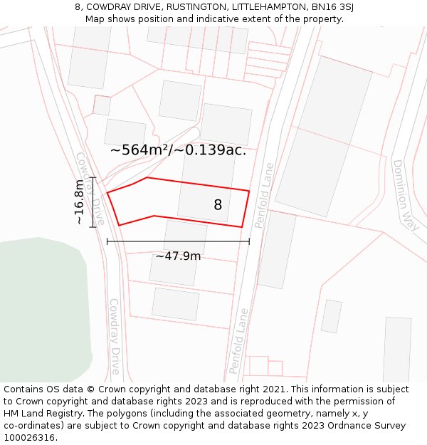 8, COWDRAY DRIVE, RUSTINGTON, LITTLEHAMPTON, BN16 3SJ: Plot and title map