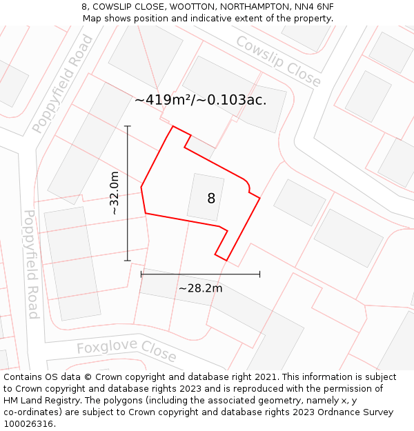 8, COWSLIP CLOSE, WOOTTON, NORTHAMPTON, NN4 6NF: Plot and title map