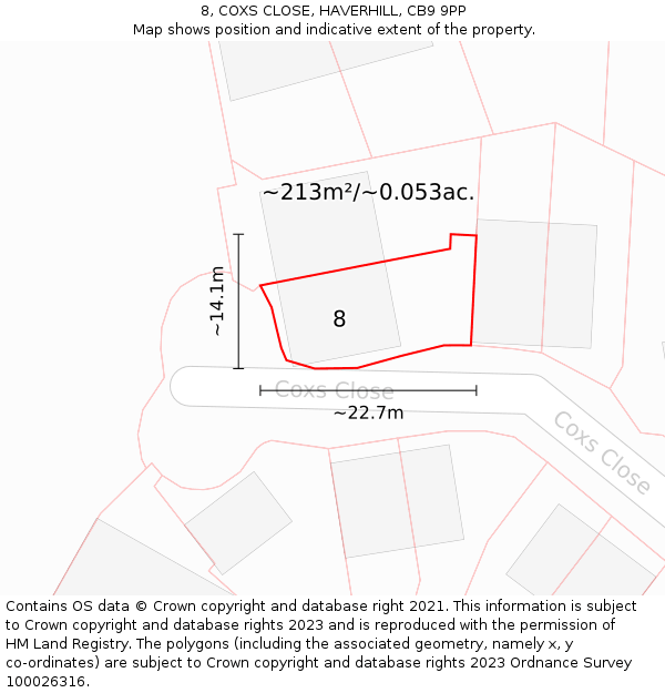8, COXS CLOSE, HAVERHILL, CB9 9PP: Plot and title map