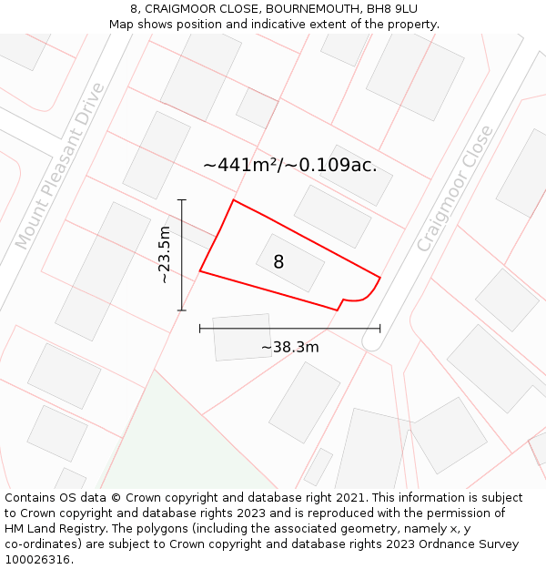 8, CRAIGMOOR CLOSE, BOURNEMOUTH, BH8 9LU: Plot and title map