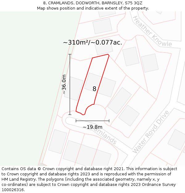 8, CRAMLANDS, DODWORTH, BARNSLEY, S75 3QZ: Plot and title map