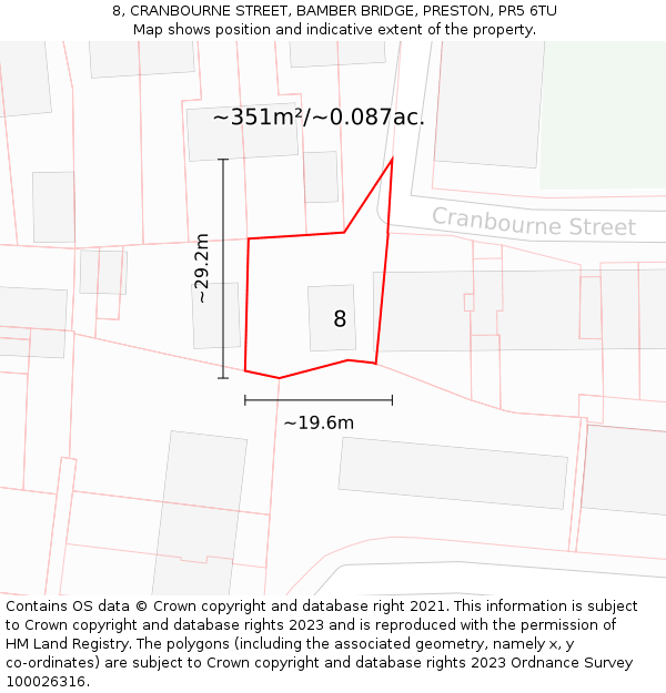 8, CRANBOURNE STREET, BAMBER BRIDGE, PRESTON, PR5 6TU: Plot and title map