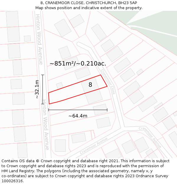 8, CRANEMOOR CLOSE, CHRISTCHURCH, BH23 5AP: Plot and title map