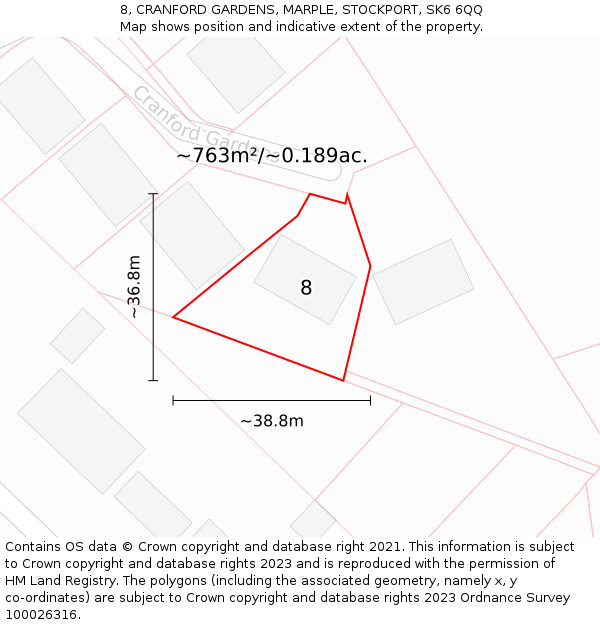8, CRANFORD GARDENS, MARPLE, STOCKPORT, SK6 6QQ: Plot and title map