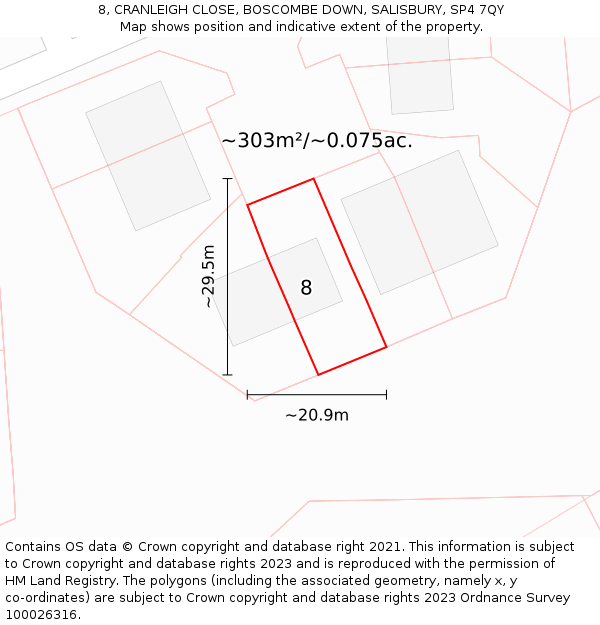 8, CRANLEIGH CLOSE, BOSCOMBE DOWN, SALISBURY, SP4 7QY: Plot and title map