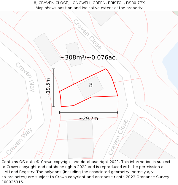 8, CRAVEN CLOSE, LONGWELL GREEN, BRISTOL, BS30 7BX: Plot and title map