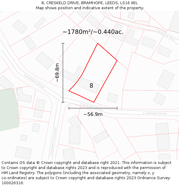 8, CRESKELD DRIVE, BRAMHOPE, LEEDS, LS16 9EL: Plot and title map