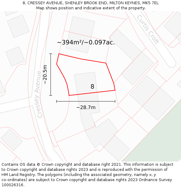 8, CRESSEY AVENUE, SHENLEY BROOK END, MILTON KEYNES, MK5 7EL: Plot and title map