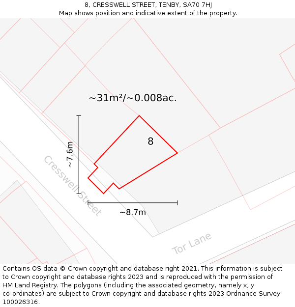 8, CRESSWELL STREET, TENBY, SA70 7HJ: Plot and title map
