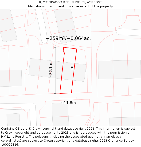 8, CRESTWOOD RISE, RUGELEY, WS15 2XZ: Plot and title map