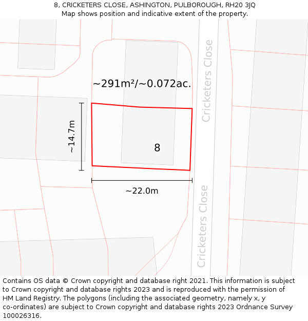 8, CRICKETERS CLOSE, ASHINGTON, PULBOROUGH, RH20 3JQ: Plot and title map