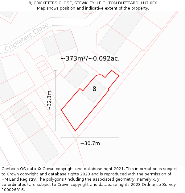 8, CRICKETERS CLOSE, STEWKLEY, LEIGHTON BUZZARD, LU7 0FX: Plot and title map