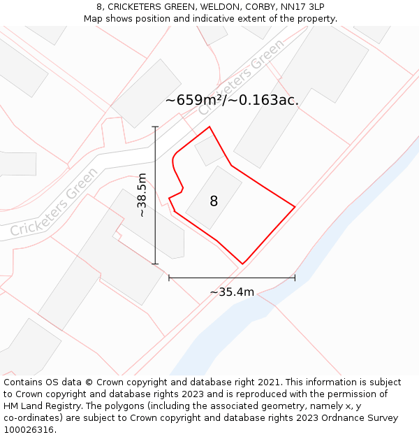 8, CRICKETERS GREEN, WELDON, CORBY, NN17 3LP: Plot and title map
