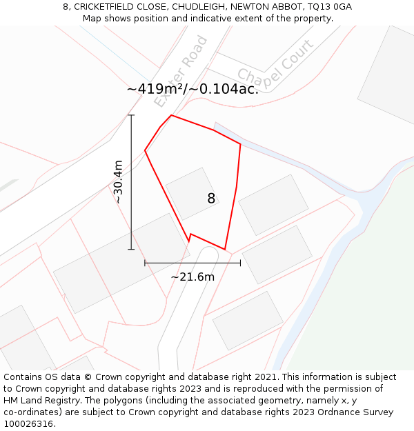 8, CRICKETFIELD CLOSE, CHUDLEIGH, NEWTON ABBOT, TQ13 0GA: Plot and title map