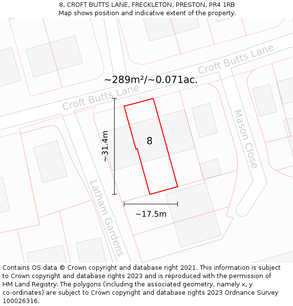 8, CROFT BUTTS LANE, FRECKLETON, PRESTON, PR4 1RB: Plot and title map