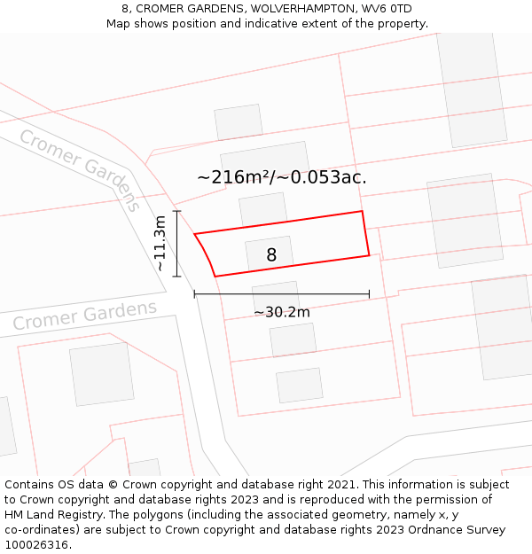 8, CROMER GARDENS, WOLVERHAMPTON, WV6 0TD: Plot and title map