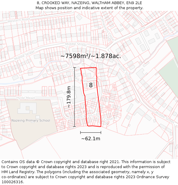 8, CROOKED WAY, NAZEING, WALTHAM ABBEY, EN9 2LE: Plot and title map