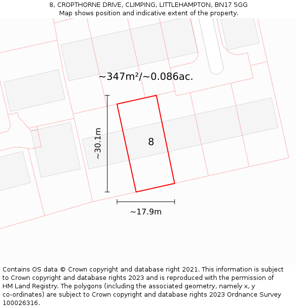 8, CROPTHORNE DRIVE, CLIMPING, LITTLEHAMPTON, BN17 5GG: Plot and title map