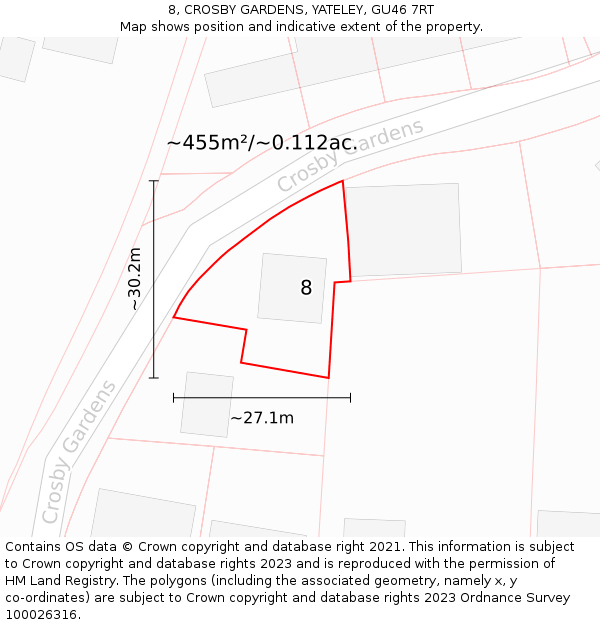 8, CROSBY GARDENS, YATELEY, GU46 7RT: Plot and title map