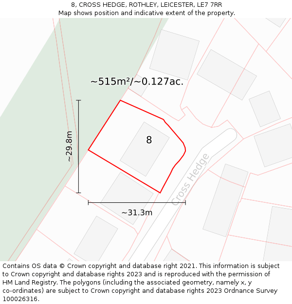 8, CROSS HEDGE, ROTHLEY, LEICESTER, LE7 7RR: Plot and title map
