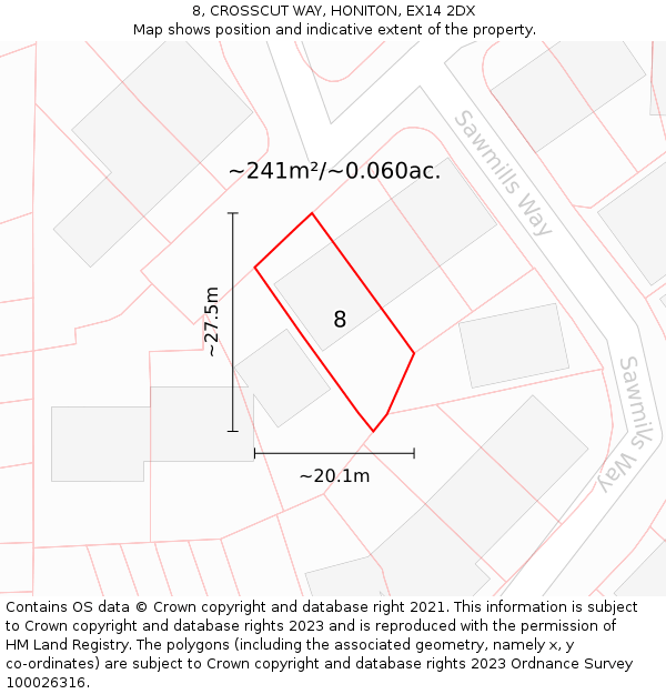 8, CROSSCUT WAY, HONITON, EX14 2DX: Plot and title map