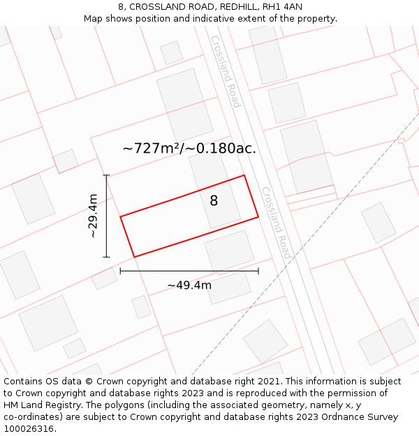 8, CROSSLAND ROAD, REDHILL, RH1 4AN: Plot and title map
