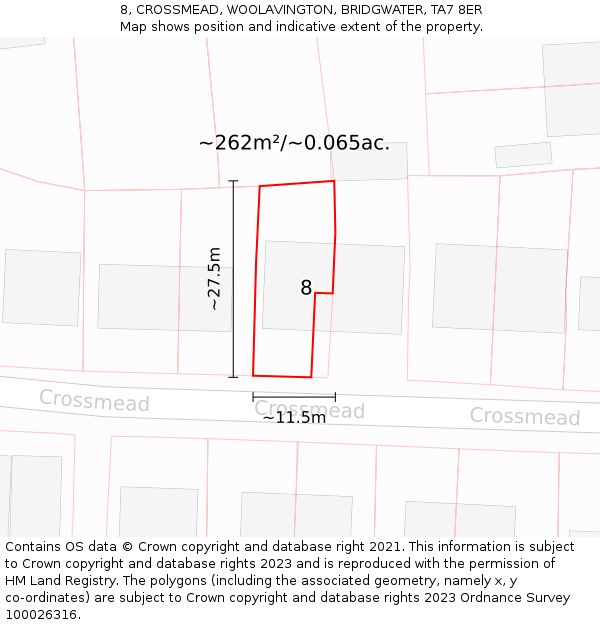 8, CROSSMEAD, WOOLAVINGTON, BRIDGWATER, TA7 8ER: Plot and title map
