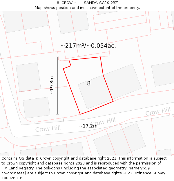 8, CROW HILL, SANDY, SG19 2RZ: Plot and title map