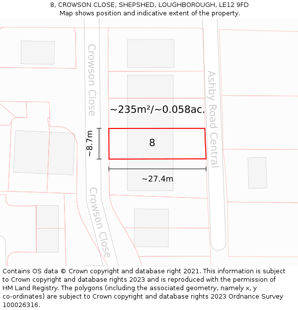 8, CROWSON CLOSE, SHEPSHED, LOUGHBOROUGH, LE12 9FD: Plot and title map