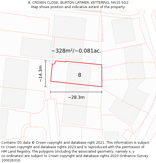 8, CROXEN CLOSE, BURTON LATIMER, KETTERING, NN15 5GZ: Plot and title map