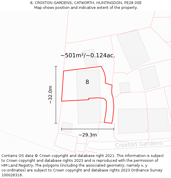 8, CROXTON GARDENS, CATWORTH, HUNTINGDON, PE28 0SE: Plot and title map