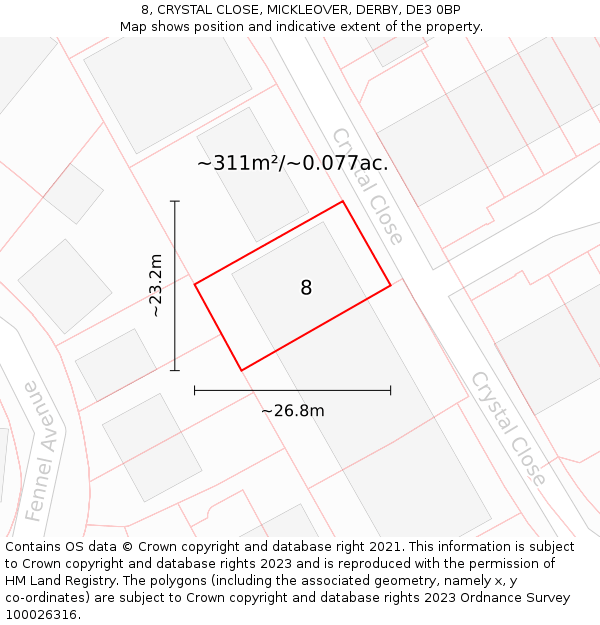 8, CRYSTAL CLOSE, MICKLEOVER, DERBY, DE3 0BP: Plot and title map